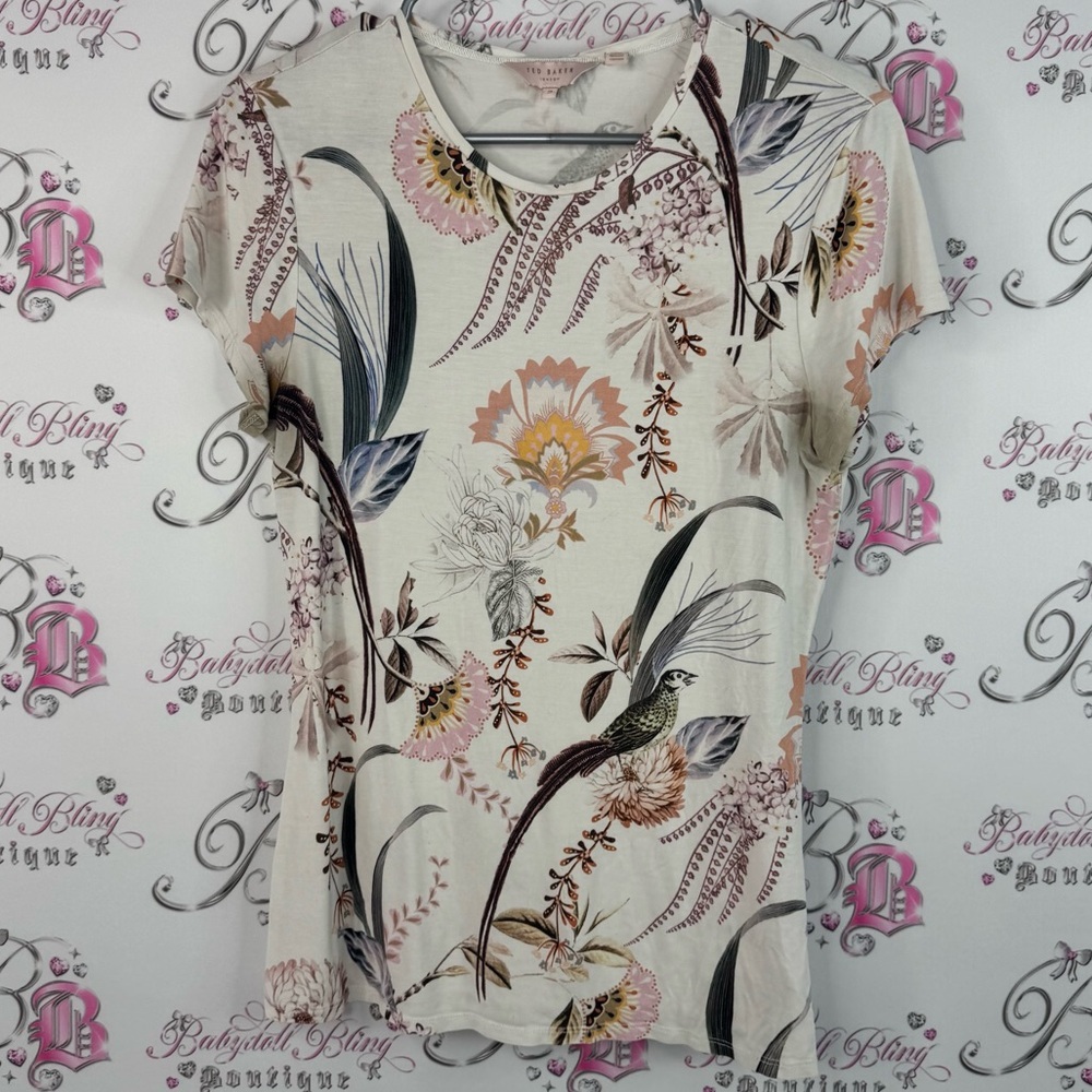 Ted Baker London tshirt tee birds flower Cream Pink Floral Short Sleeve Top